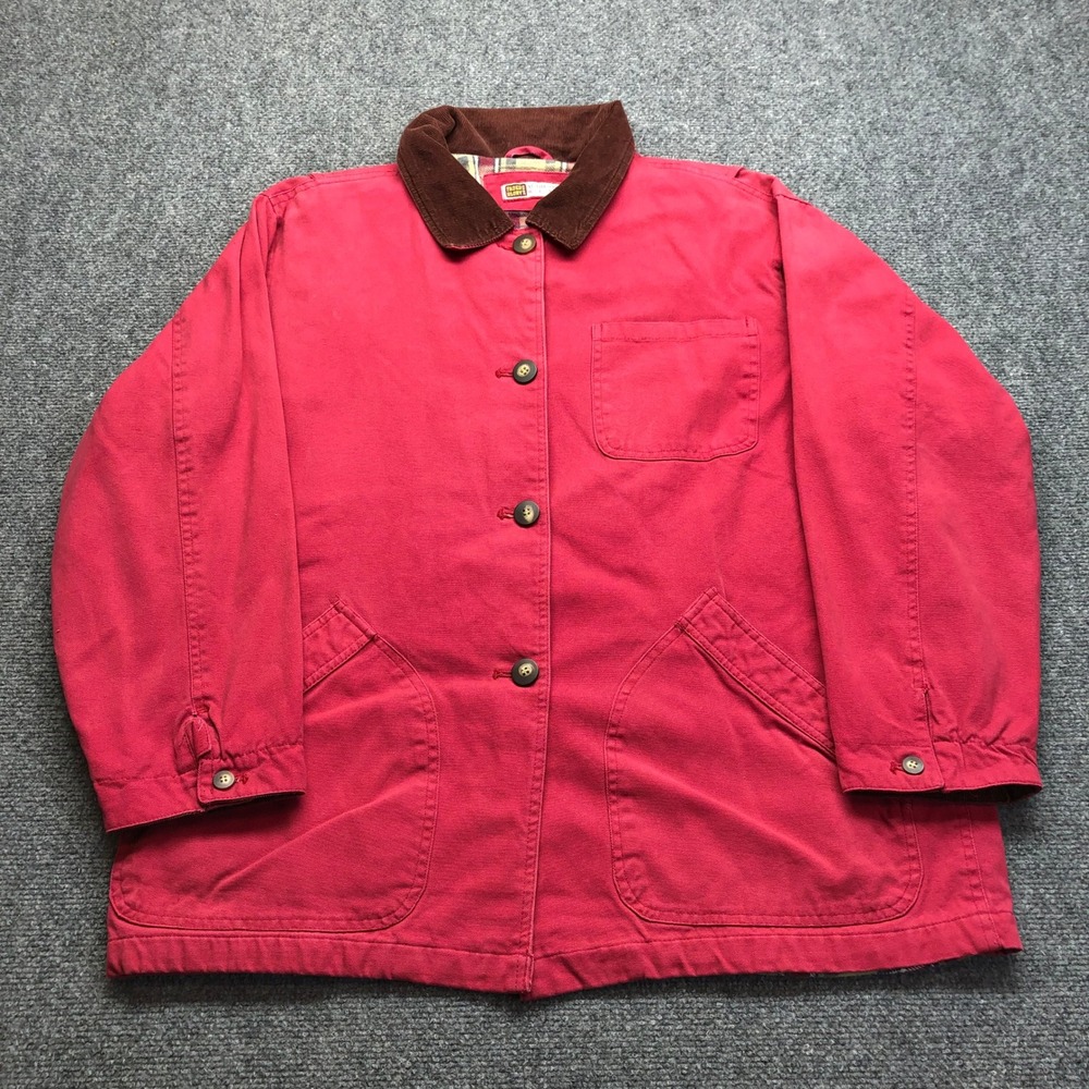 Vintage Faded Glory Canvas Barn Chore Jacket Mens Large Red Corduroy Collar